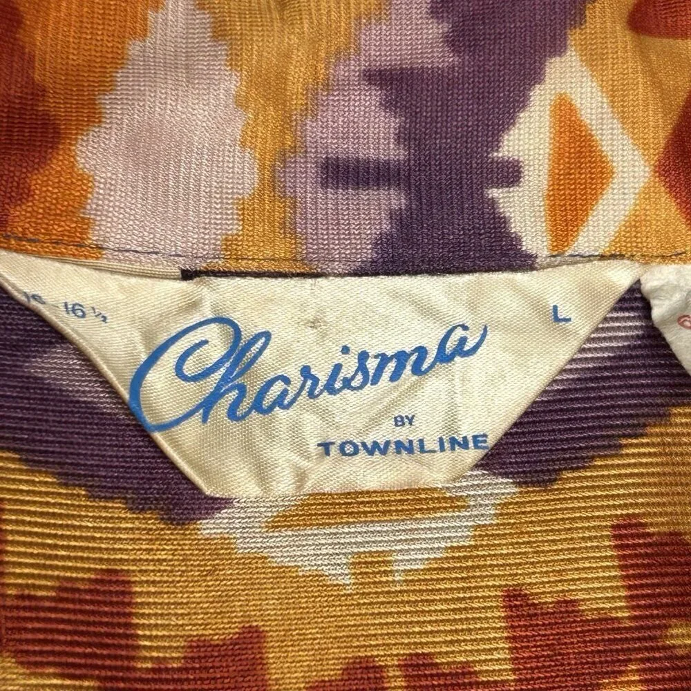 Vintage 70s Charisma Shirt Mens Large 16.5 Aztec Disco Lightweight Button Up